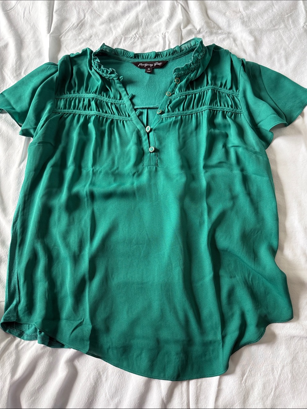 Green Ruffled Yoke Short-Sleeve Blouse by Montgomery Post